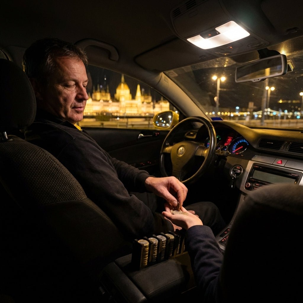 Forint aprótartó taxi használat közben, coin holder gyors fizetéshez Budapesten autóban, érmék rendszerezésére