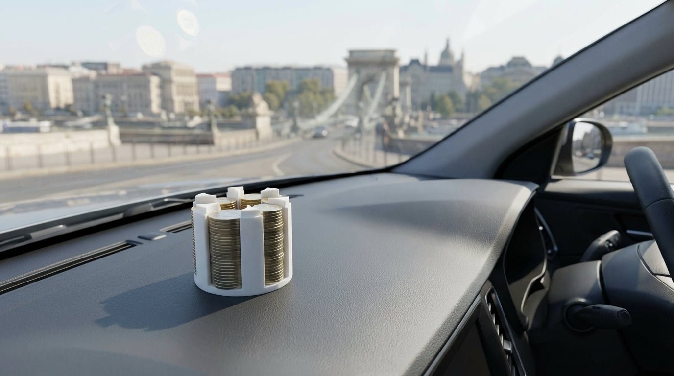 Forint aprótartó autó műszerfalon Budapesten, coin holder tele érmével, gyors parkolás és fizetés városi használatra