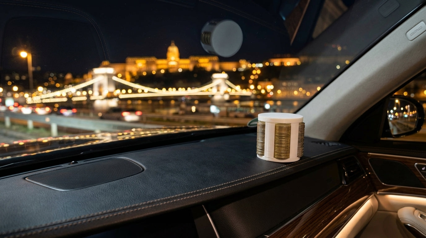 Forint aprótartó autóba műszerfalon, érmetartó coin holder parkoláshoz, gyors fizetéshez, rendezett középkonzol, Budapest éjszakai háttérrel, autós pénztartó taxisoknak és mindennapi használatra
